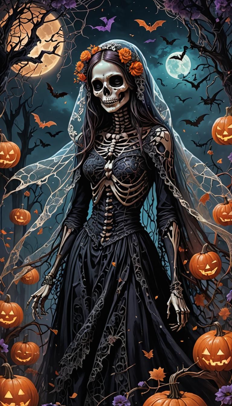 Gothic Skeleton Girl in Astral Halloween Scene