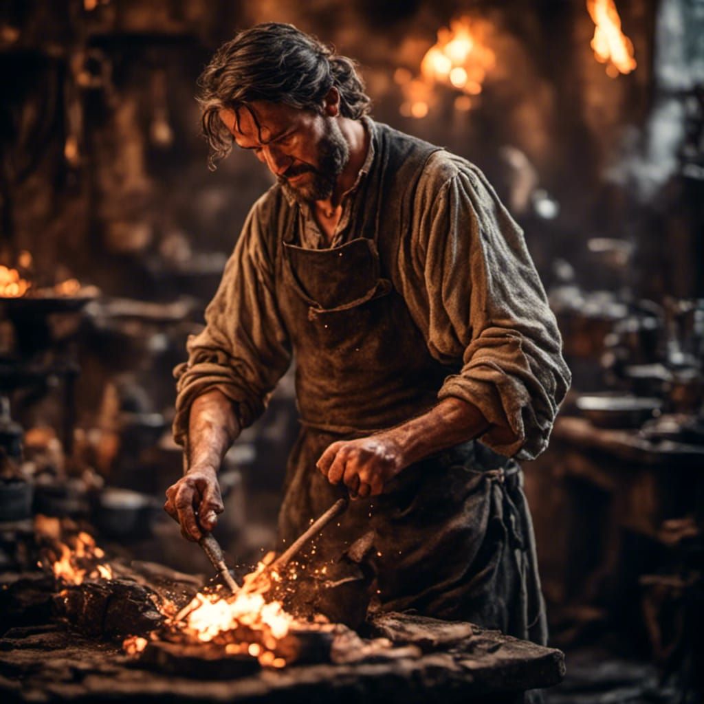 <lora:Dark Age:1.0> blacksmith working in the forge Hyperrealistic, splash art, concept art, mid shot, intricately detai...