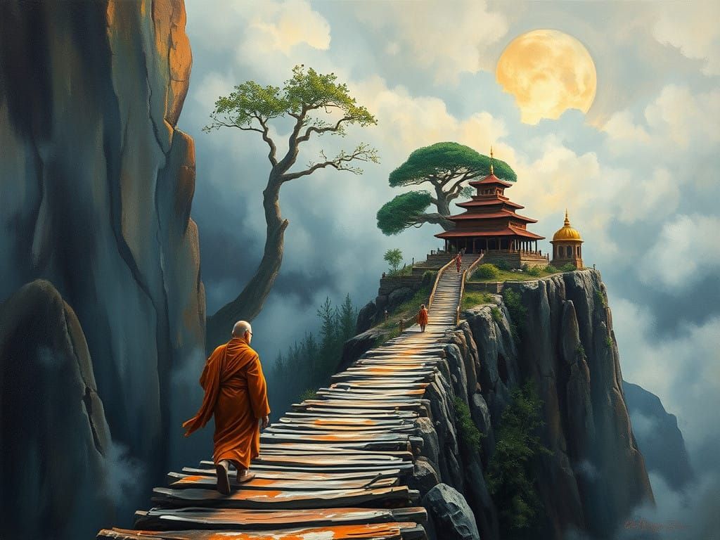 Expressive Oil Painting of a Monk's Journey to a Mysterious ...