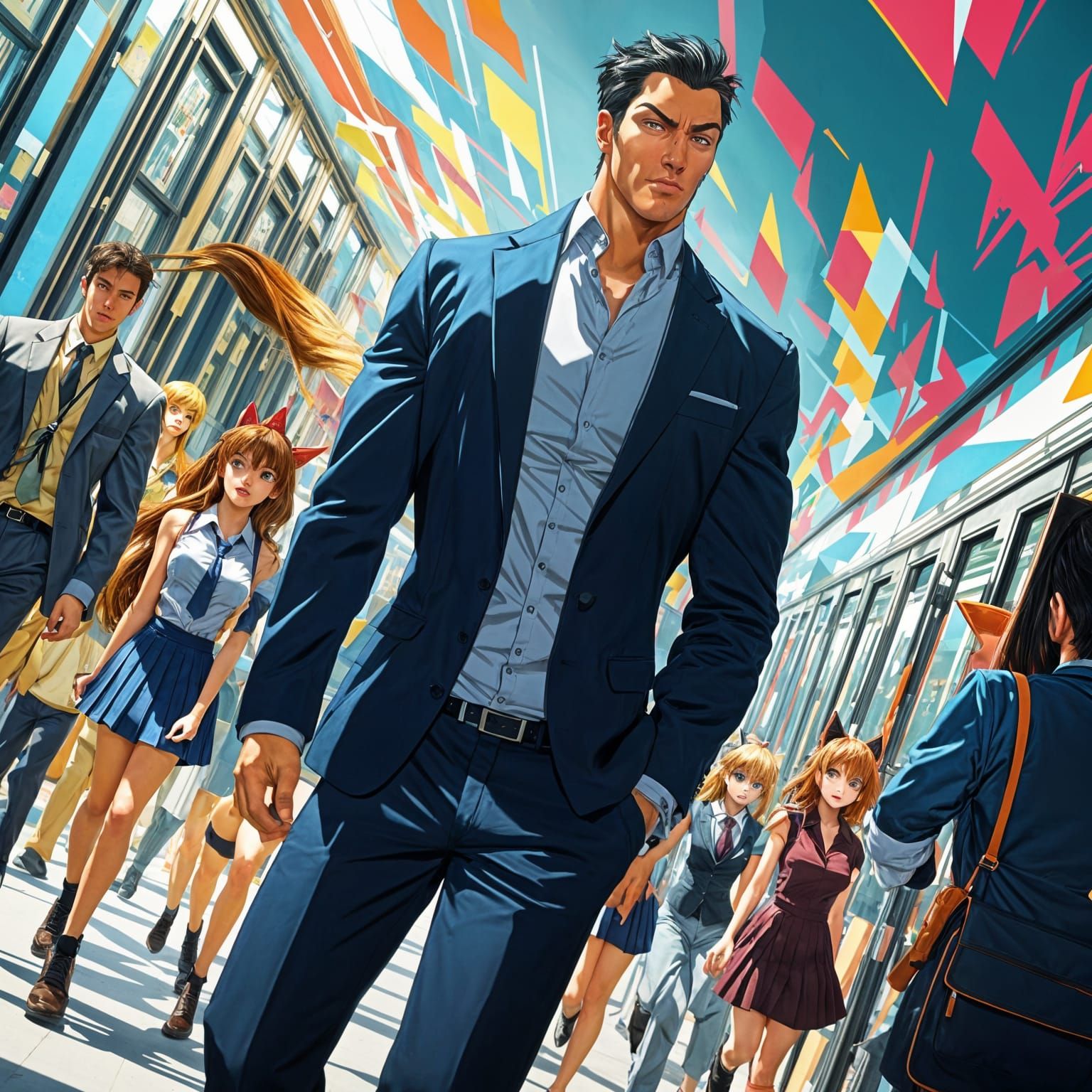 Anime School Hallway Scene with Muscular Man