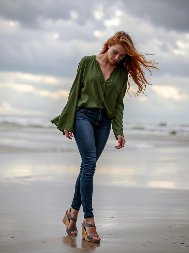 Woman Walks on Stormy Beach in Photo-Realistic Style