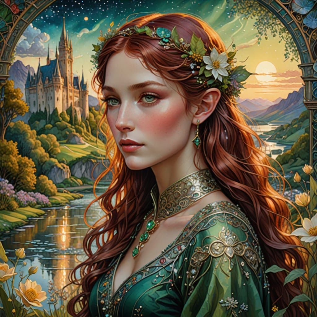 A beautiful Elf Queen at Riverside near to her castle at sunset.
