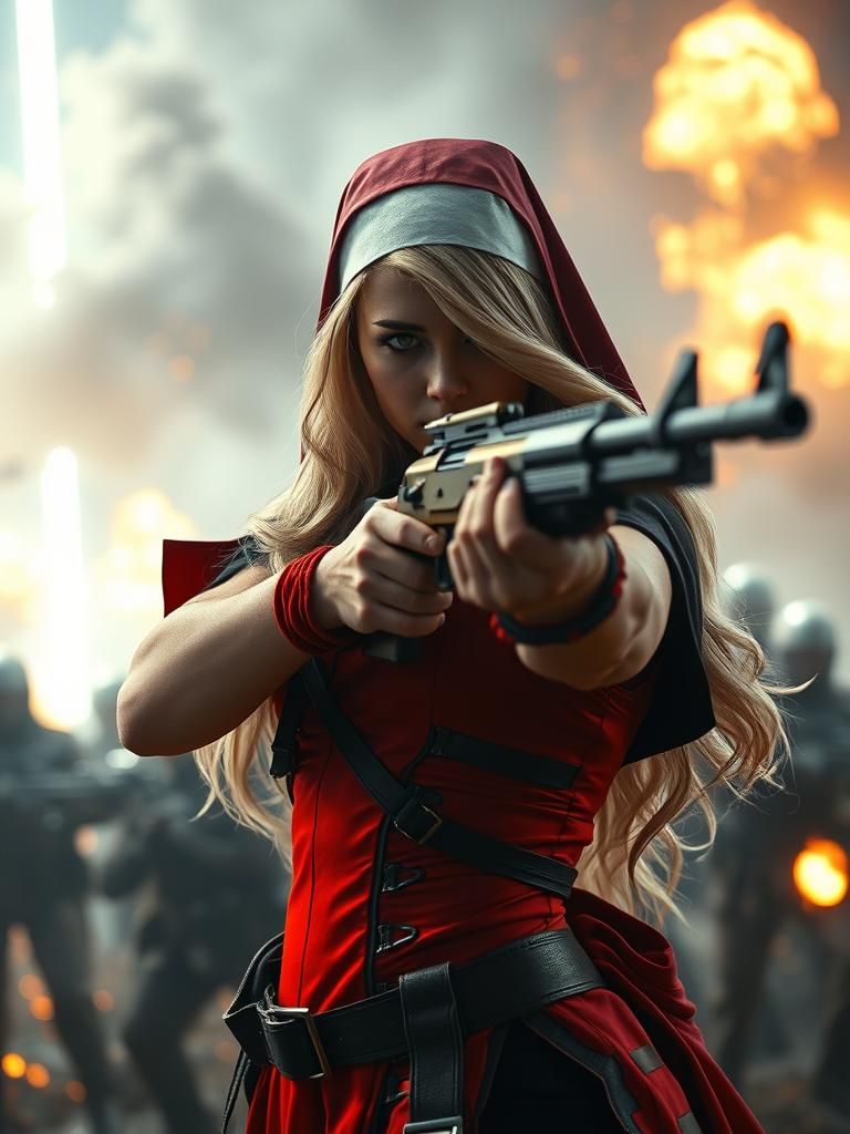 Warrior Nun in Smoky Battlefield, Digital Matte Painting