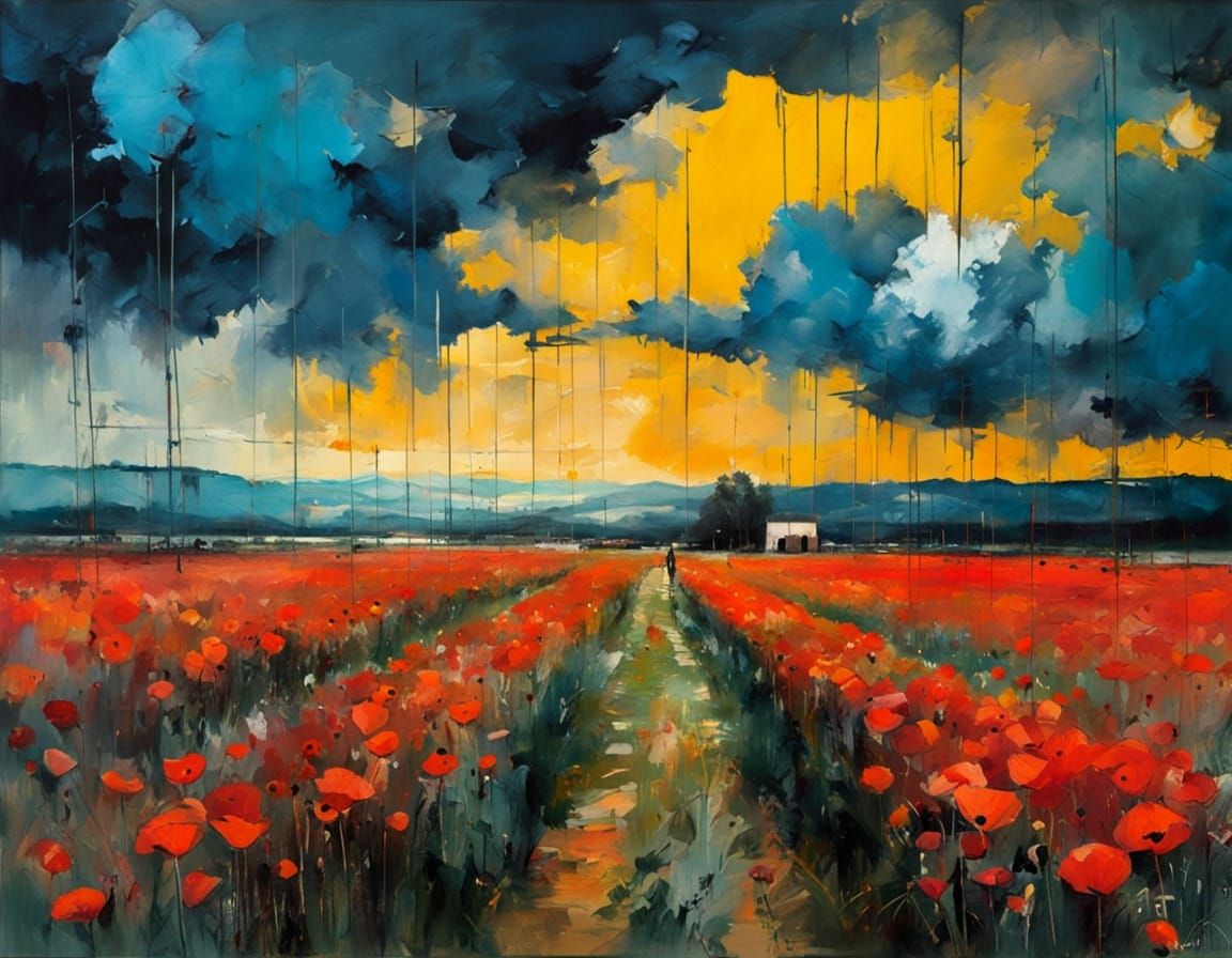 Stormy Poppy Landscape in Abstract Expressionist Style
