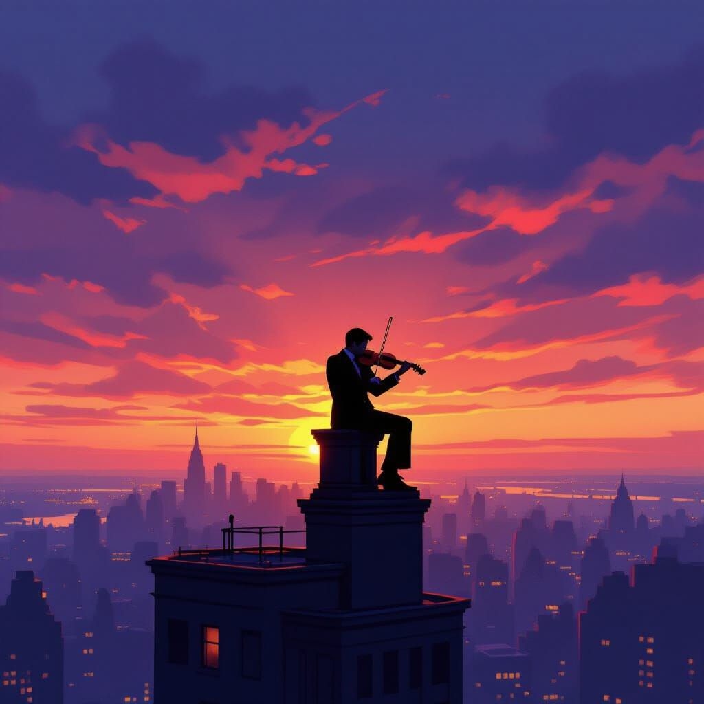 Violinist Silhouette at Fiery Sunset on Skyscraper