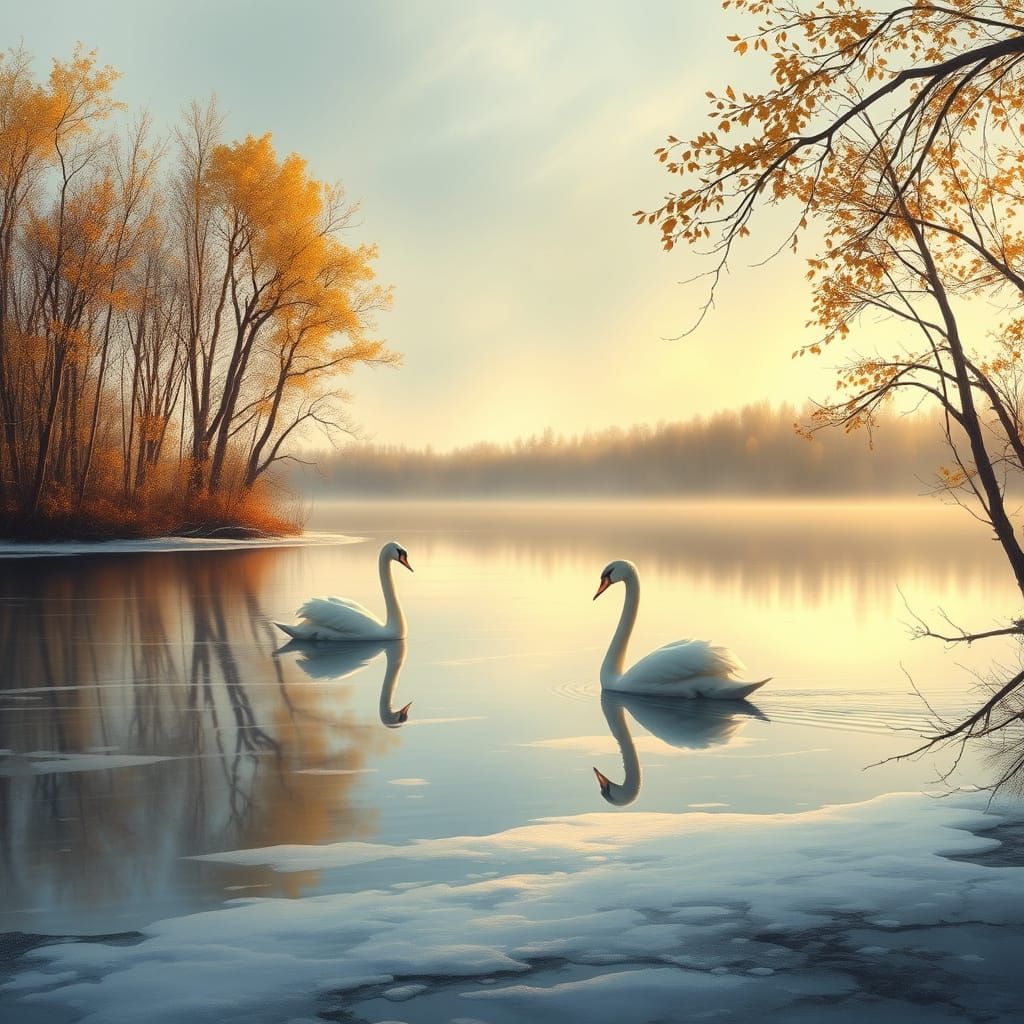 Golden Hour Autumn Lake with Swans