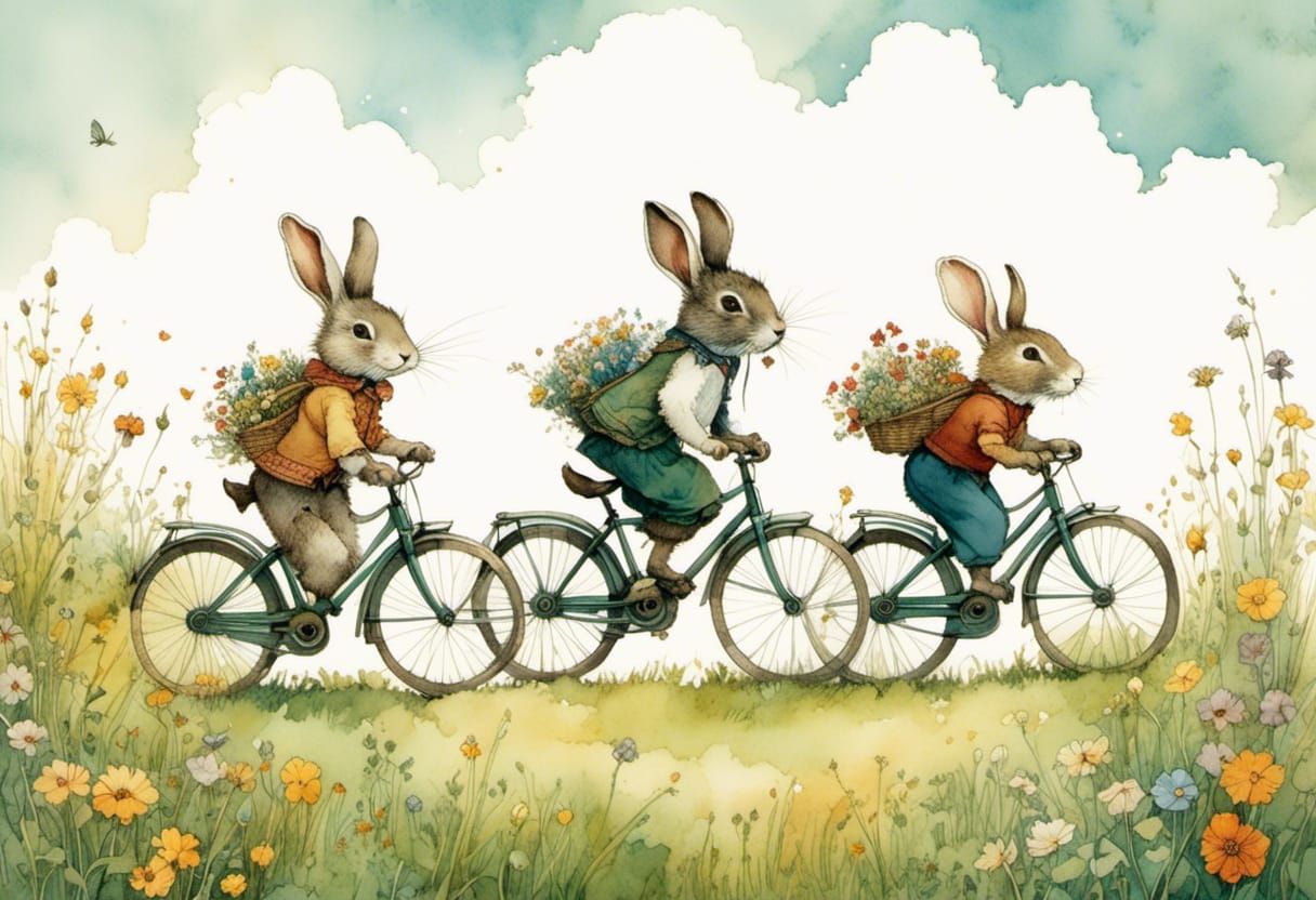 Vibrant Watercolor Bunnies Pedal Through a Sunny Meadow
