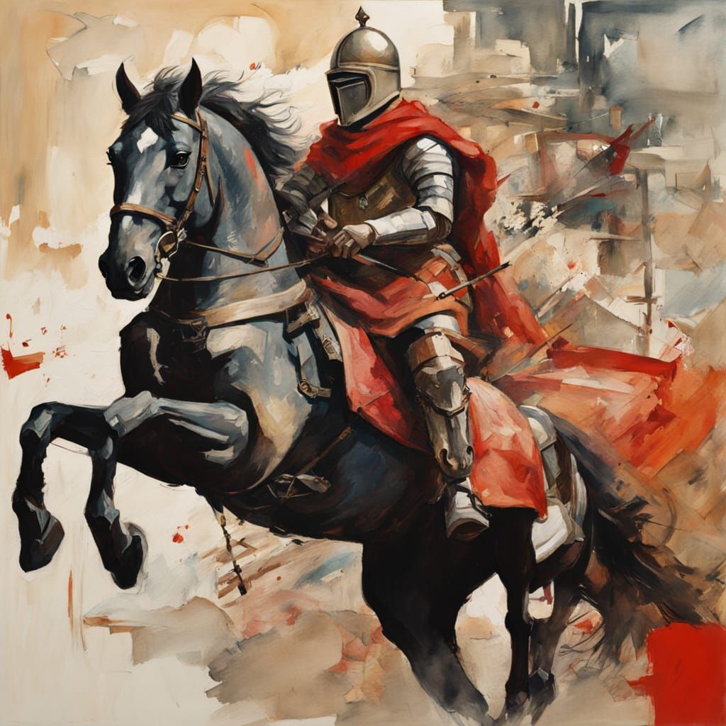 Knight in Full Armor Charges Forward in Dynamic Double Expos...
