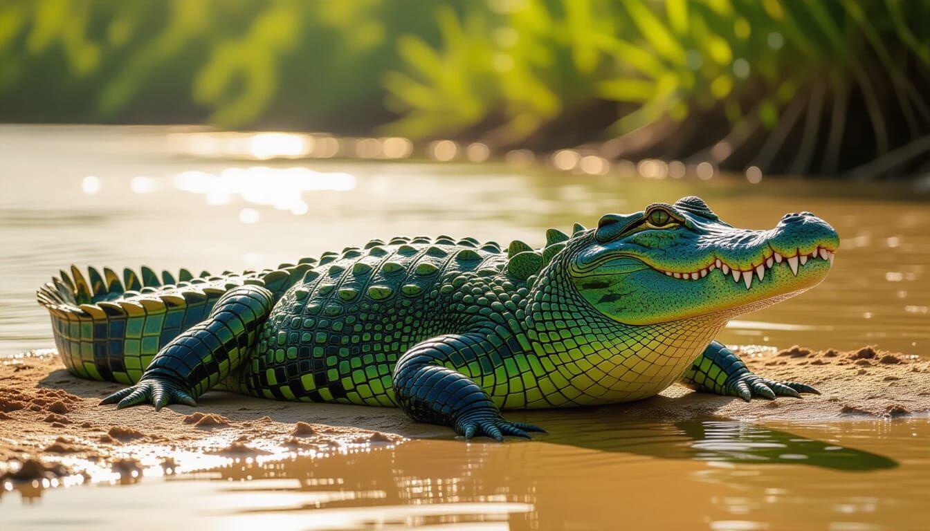 Photorealistic Crocodile Basking on Riverbank in Golden Hour...