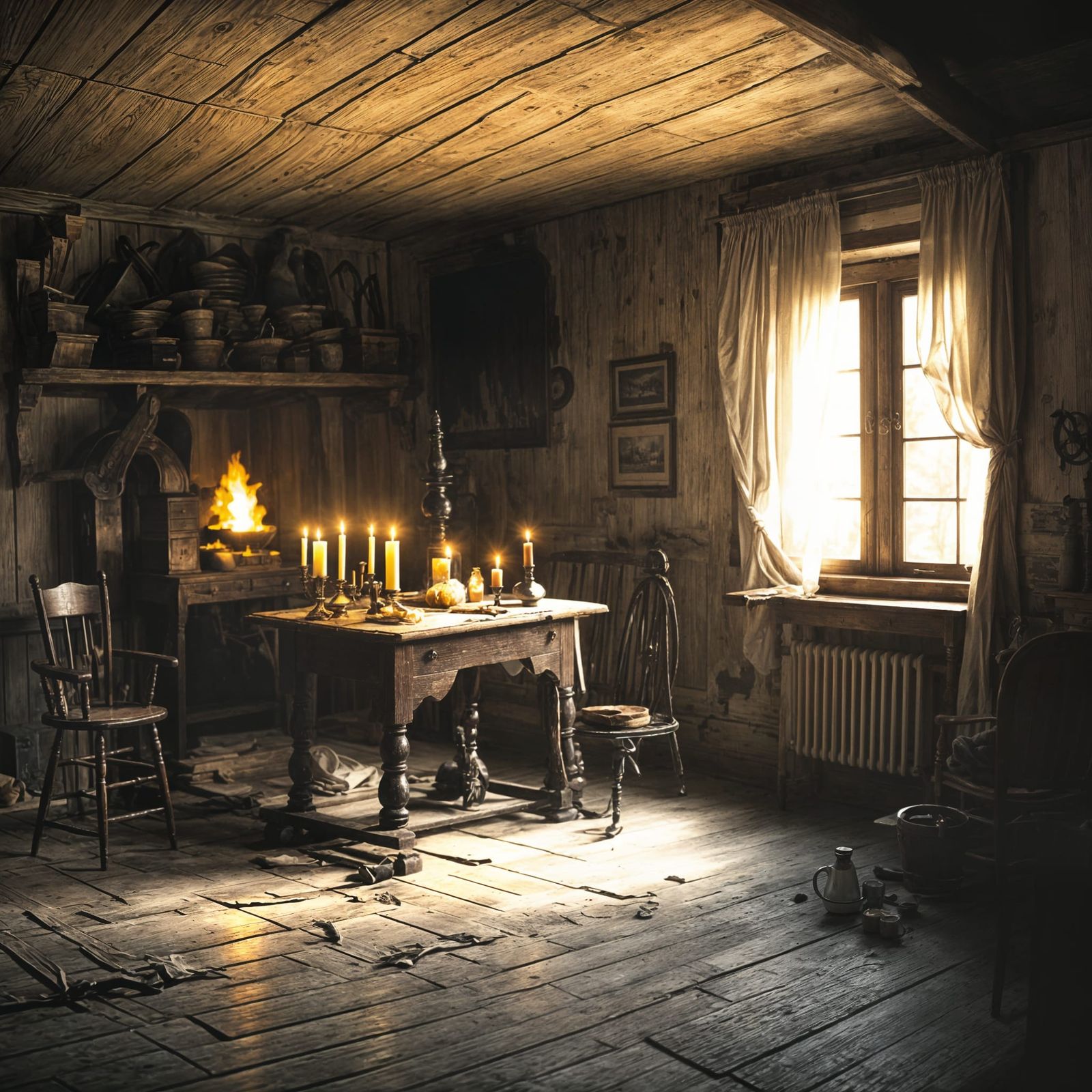 Ethereal 19th Century Farmhouse Scene with Spinning Wheel