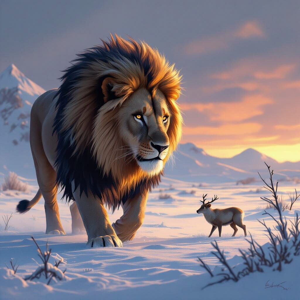 Lion Stalks Prey in Frozen Tundra: Digital Painting