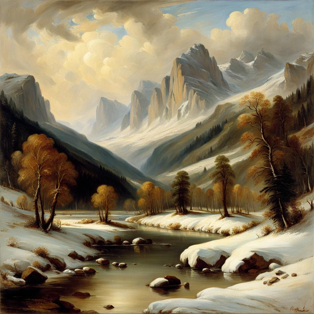 Winter River Valley in Naturalism Painting Style