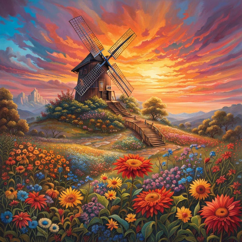 Rainbow Windmill Garden at Sunset, Maximalist Art
