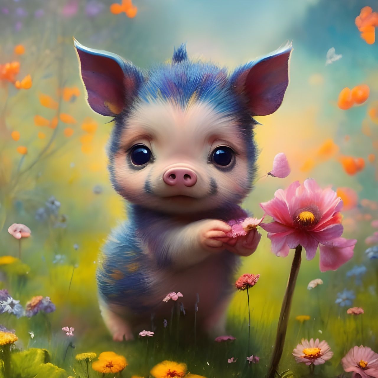 Chibi Piglet in Colorful Garden: Art Nouveau Style