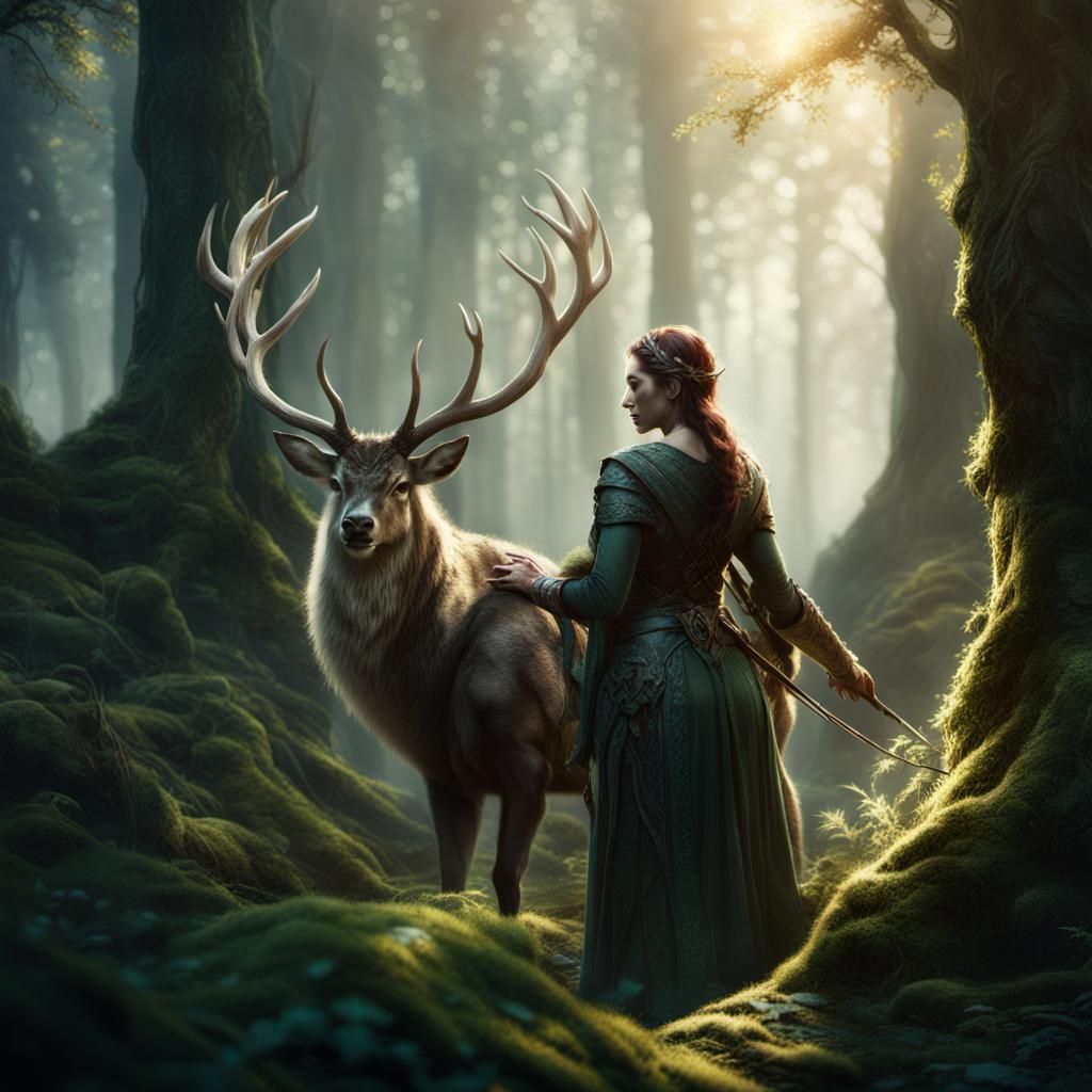 Elven Huntress and Stag: A Digital Matte Painting