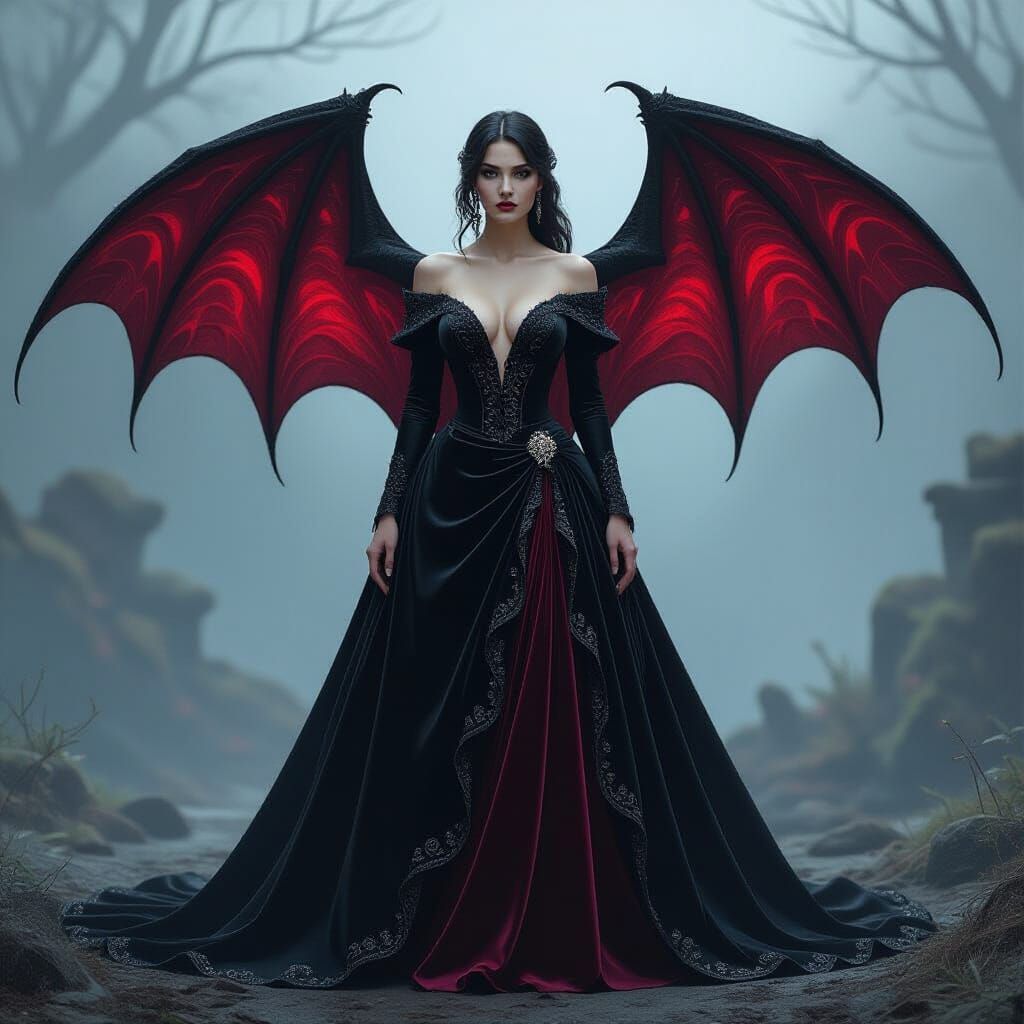 Gothic Woman with Bat Wings in Luxurious Gown