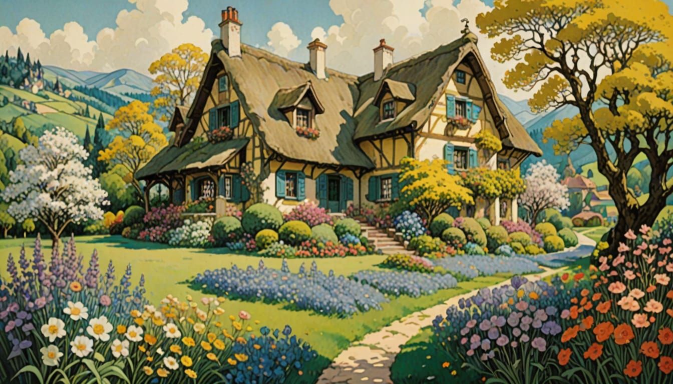 Enchanting Spring Landscape with French House, in Lithograph...