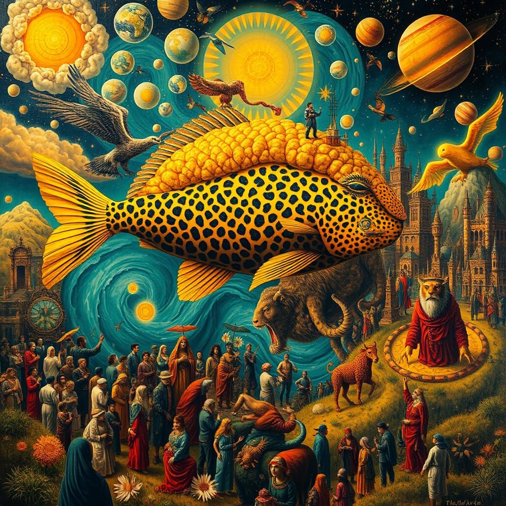 Surreal Mindscape with Teal Halos, in Oil Painting Style