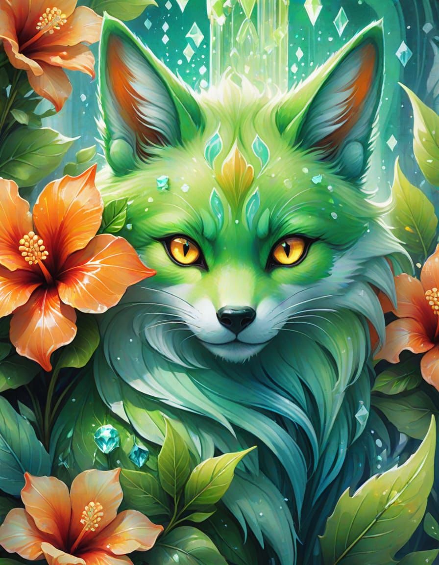 Neon Kitsune Peeking from Crystal Hibiscus Flower