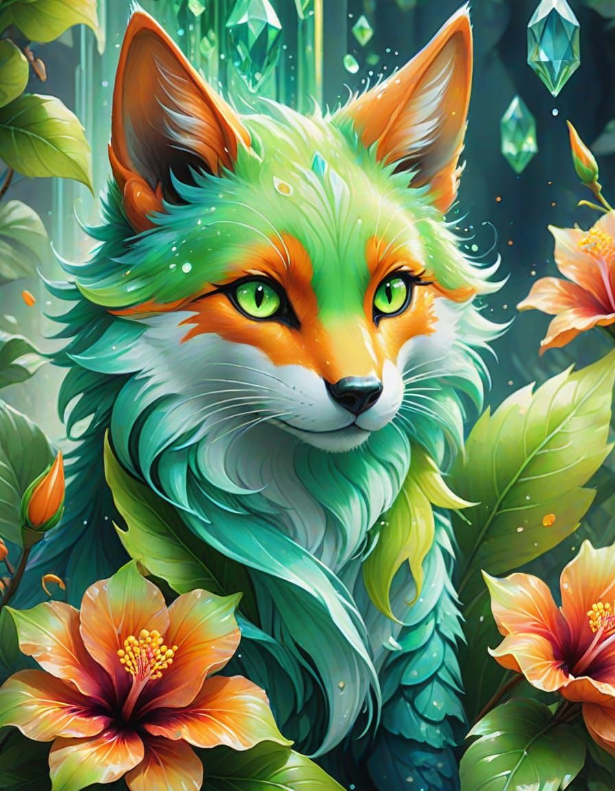 Neon Kitsune Peeking From Crystal Hibiscus Flower