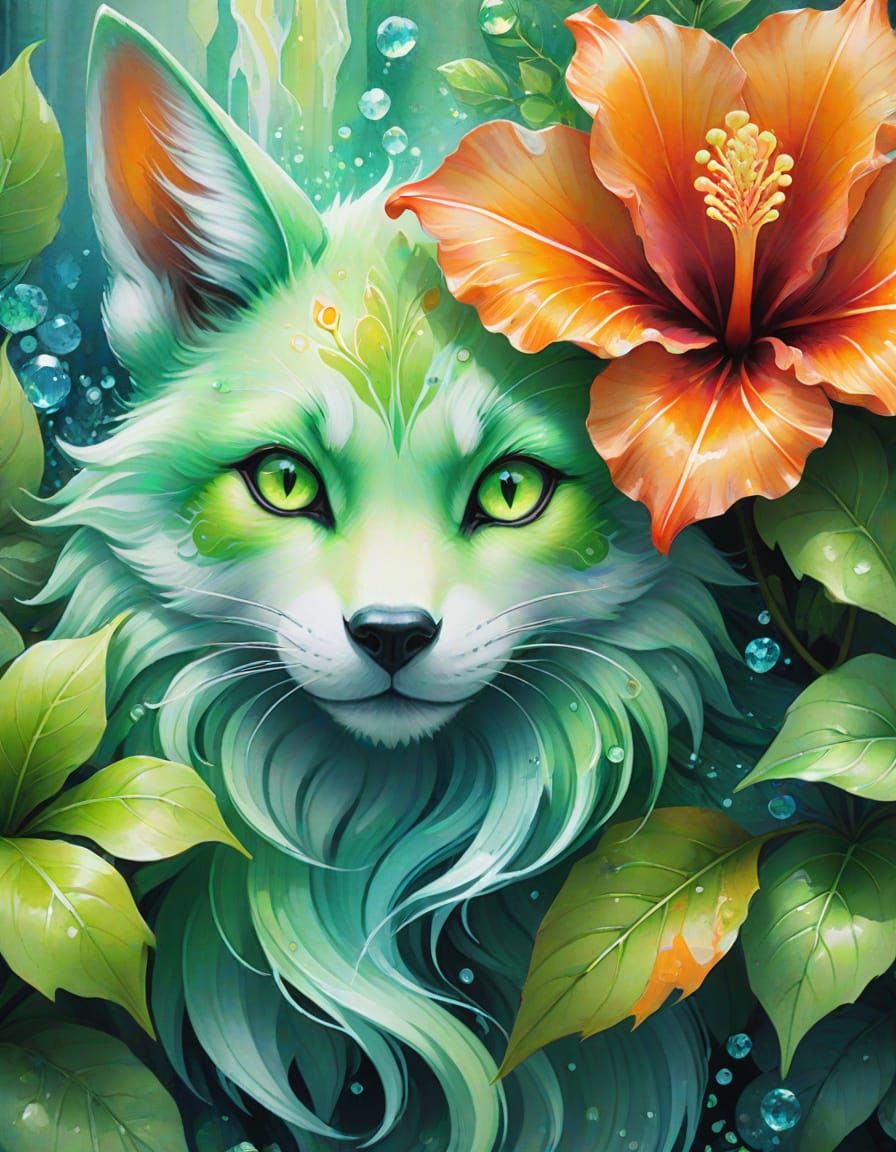 Neon Kitsune Peeking from Crystal Hibiscus, Watercolor Art