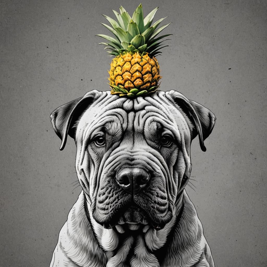 A black and white portrait of a shar-pei with a pineapple ha...