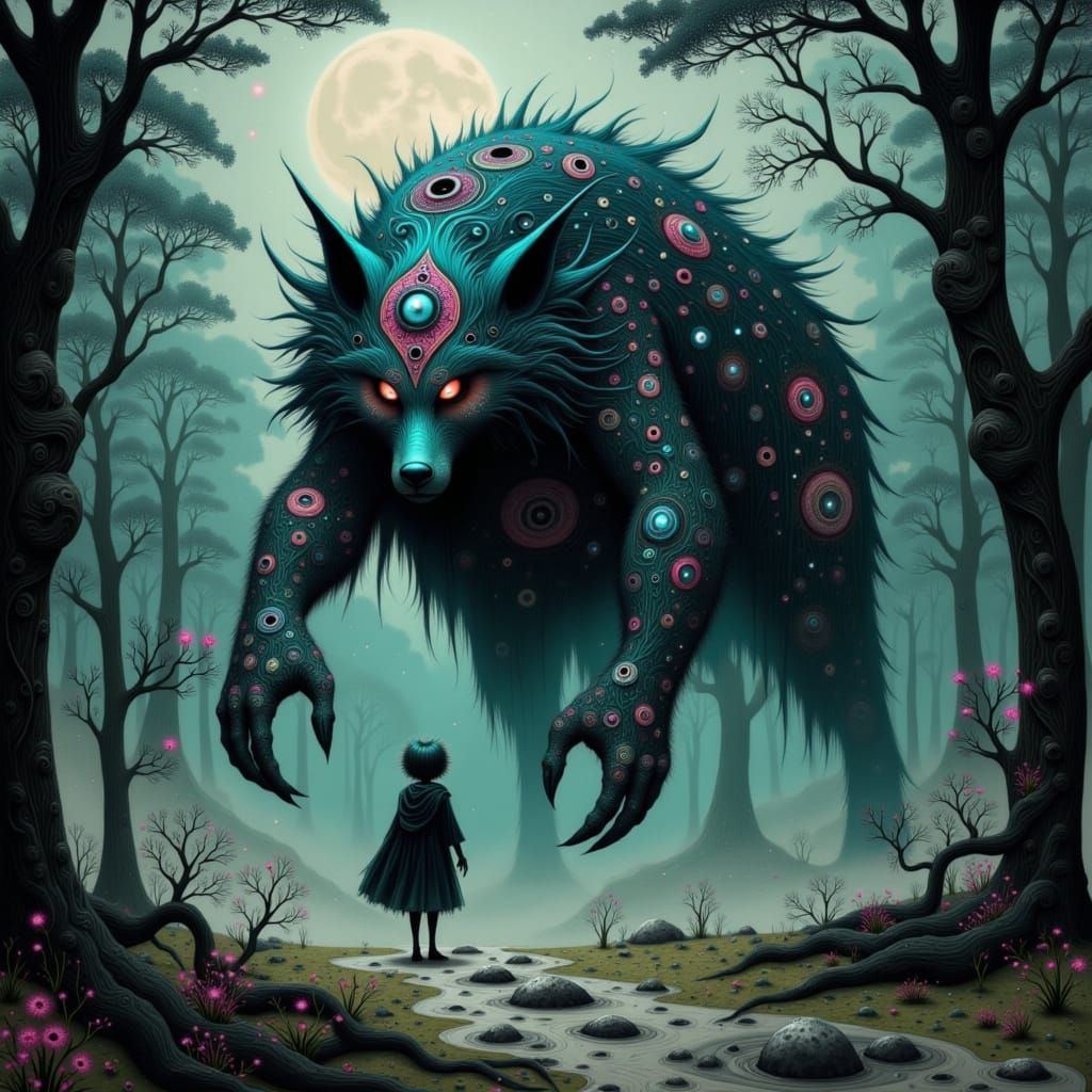 Fenrir: Giant Wolf in Mythical Norse Forest