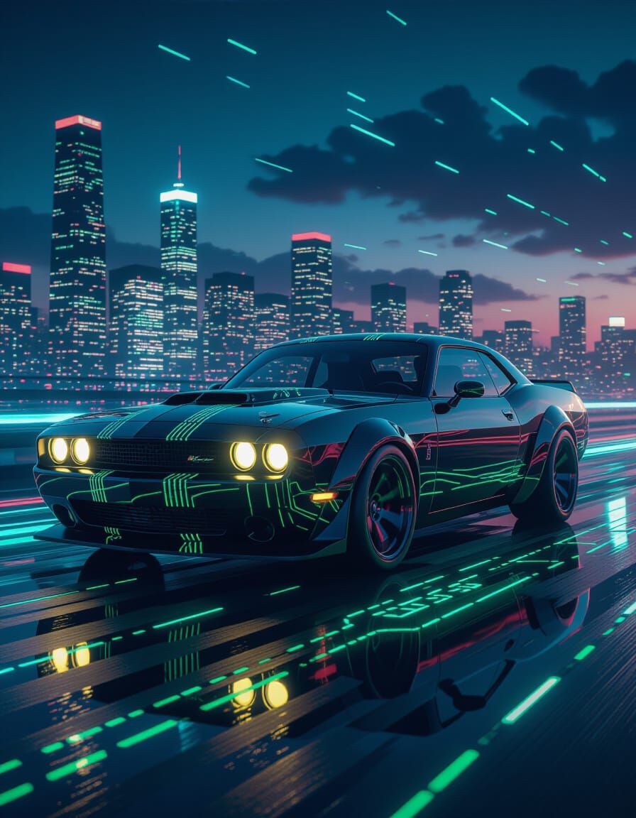 Futuristic Obsidian Muscle Car on Digital Circuit Board