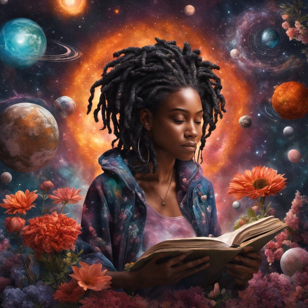 Cosmic Woman Reading in a Fantastical Universe