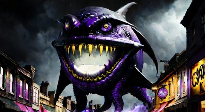 One-Eyed Purple Creature Flies Down Street in Surreal Splash...
