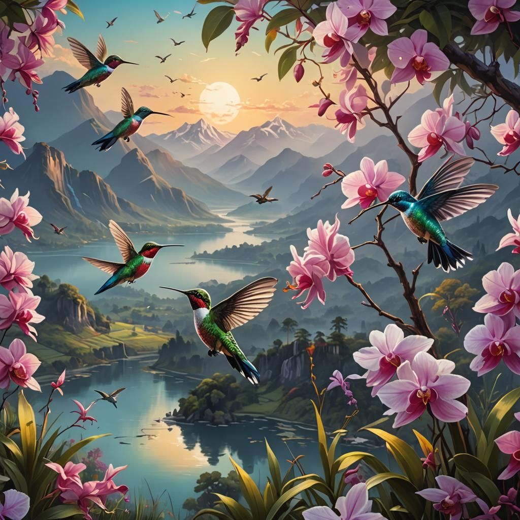 Hummingbirds and Orchids in Hyperrealistic Splash Art
