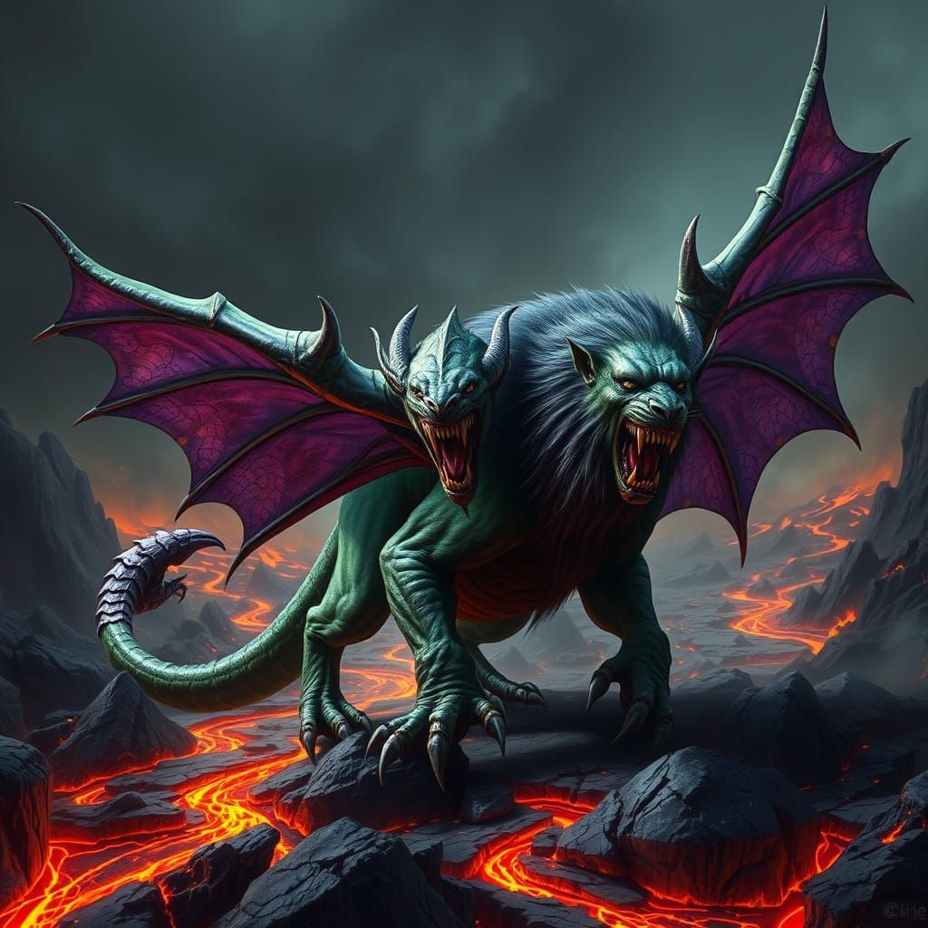 Hyper-Realistic Manticore in a Nightmarish Infernal Landscap...