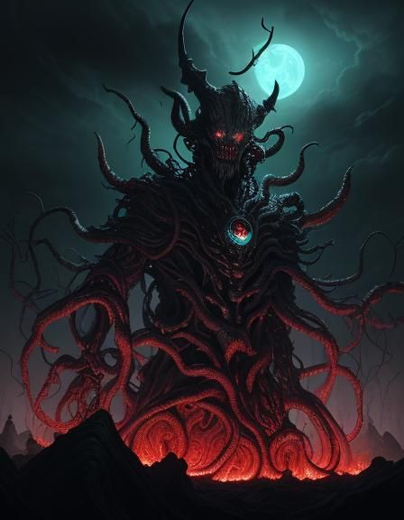 Lovecraftian Cybernetic Deity Emerges in Gothic Landscape