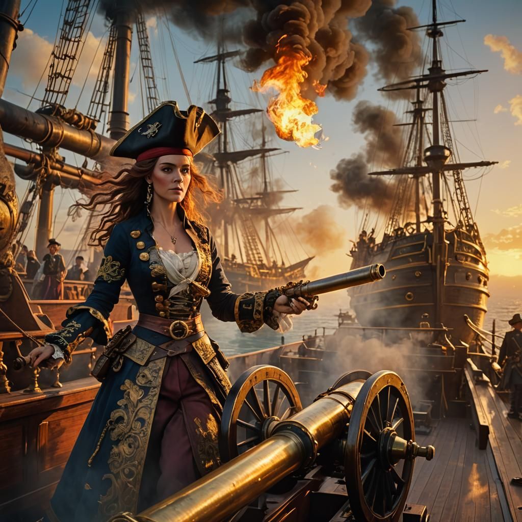 Pirate Queen Firing Cannon at Sunset: Oil Painting