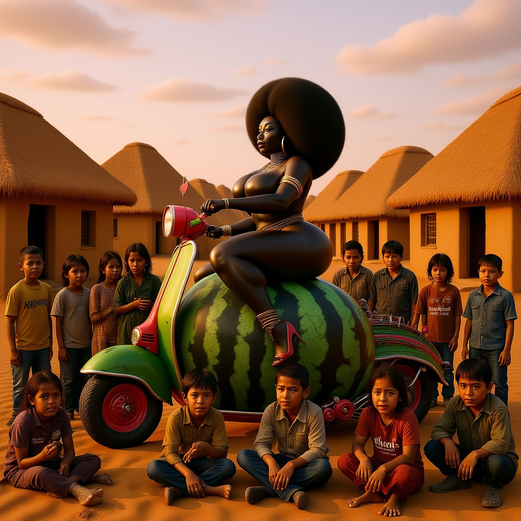 Woman Rides Watermelon Scooter in Fantasy Matte Painting