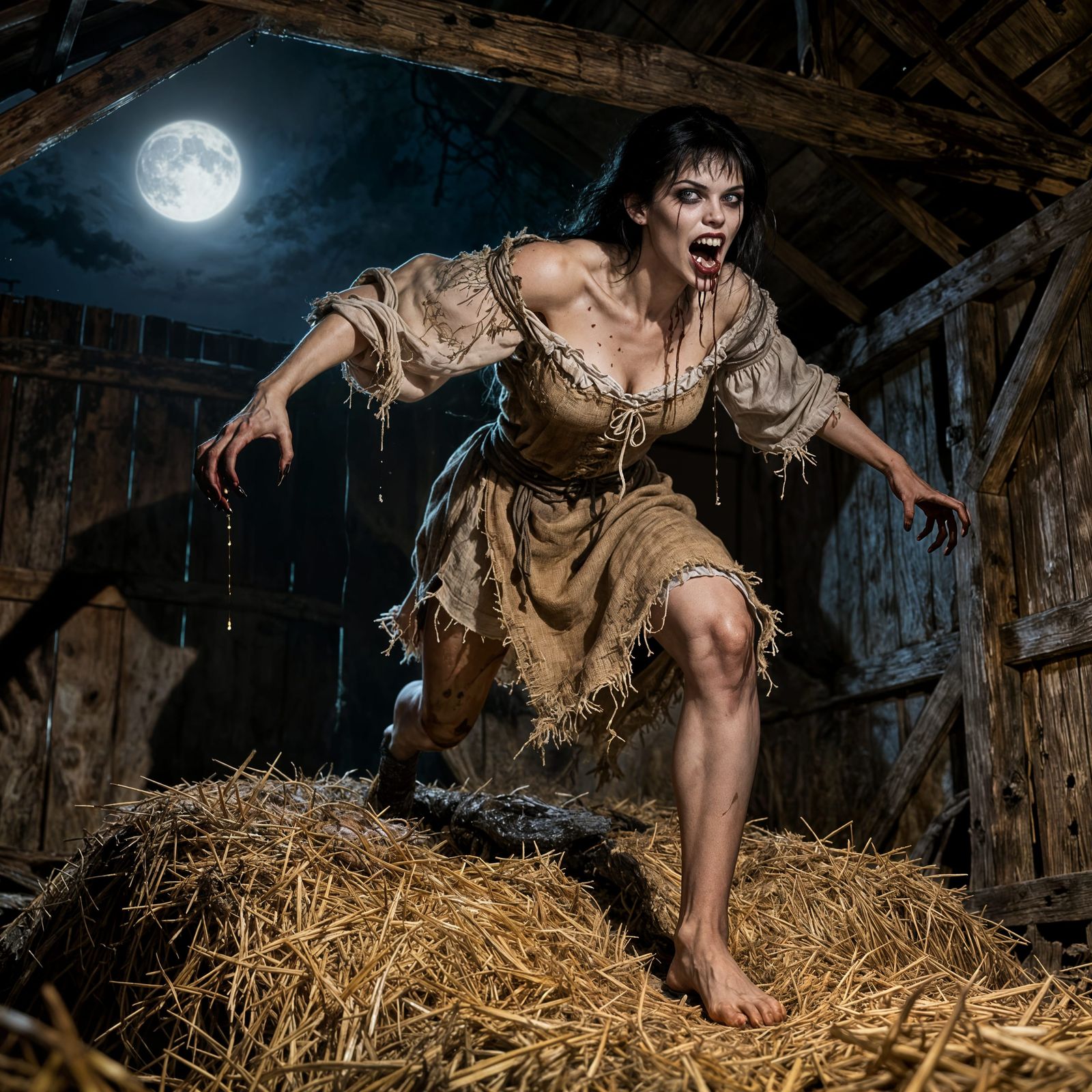 Female Bruxa Vampire Lunges in Moonlight Barn