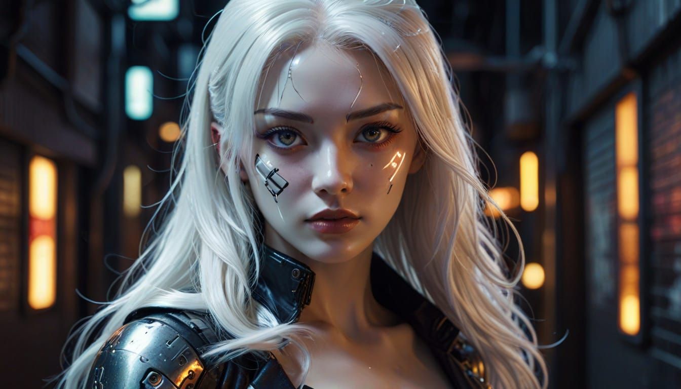 Cyberpunk Android Portrait in Neon Alleyway