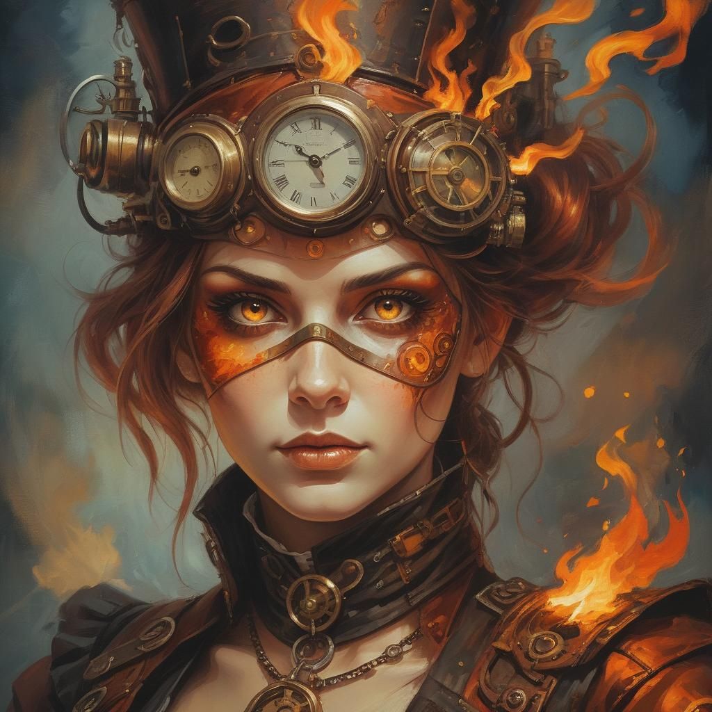 Fiery Steampunk Woman Portrait in Abstract Art