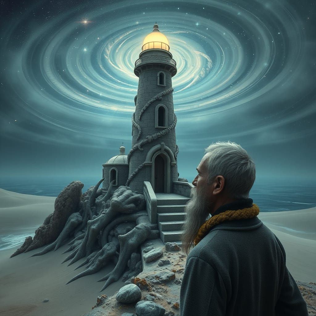 Surreal Lighthouse Keeper Under Cosmic Skies