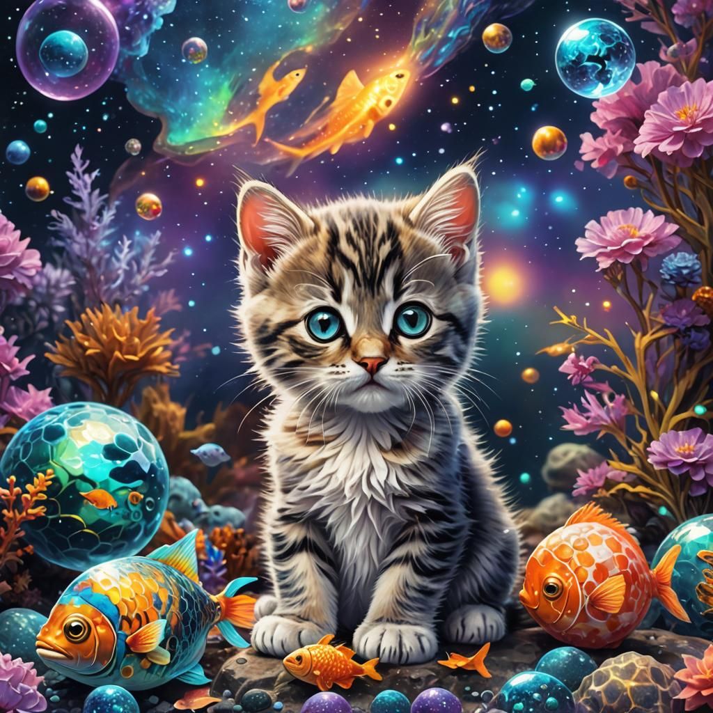 Astral Kitten Stares into Fishbowl: Cosmic Illustration
