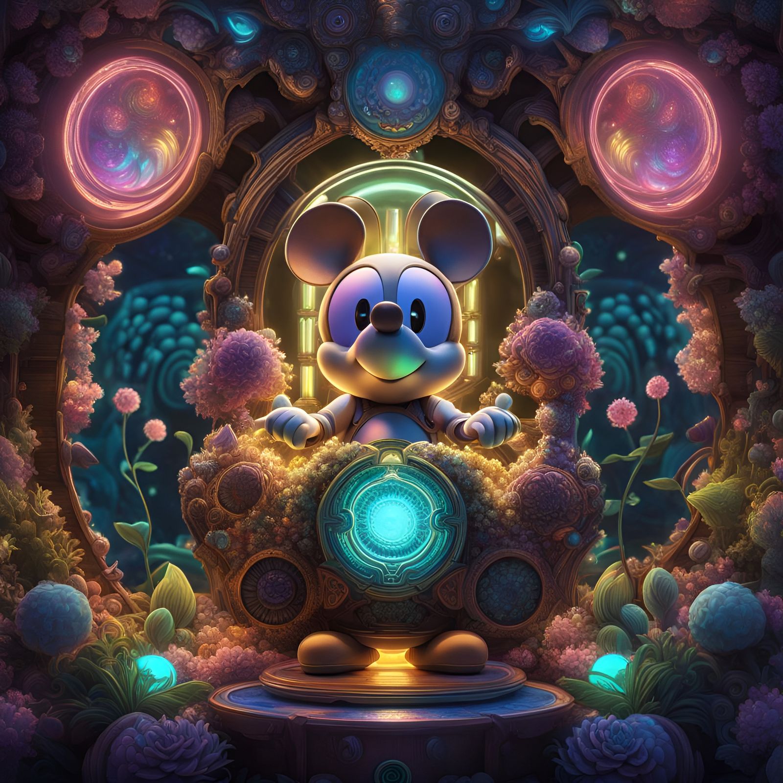 Hyperrealistic Steamboat Mickey in Psychedelic Biopunk Style