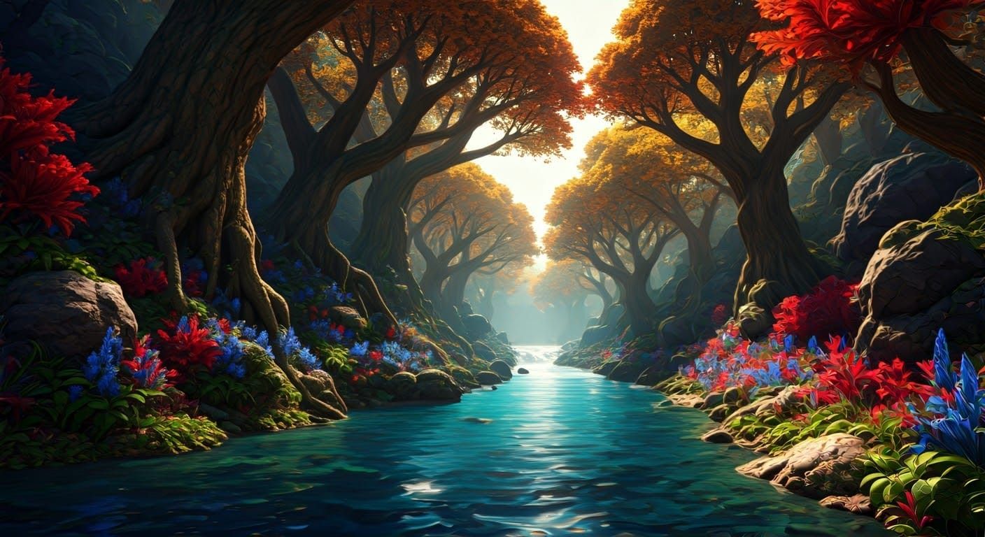 Surreal Valley with Lush Trees and Vibrant Flowers in Hyperr...