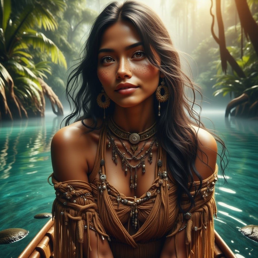 Native American Woman in Canoe, Fantasy Concept Art