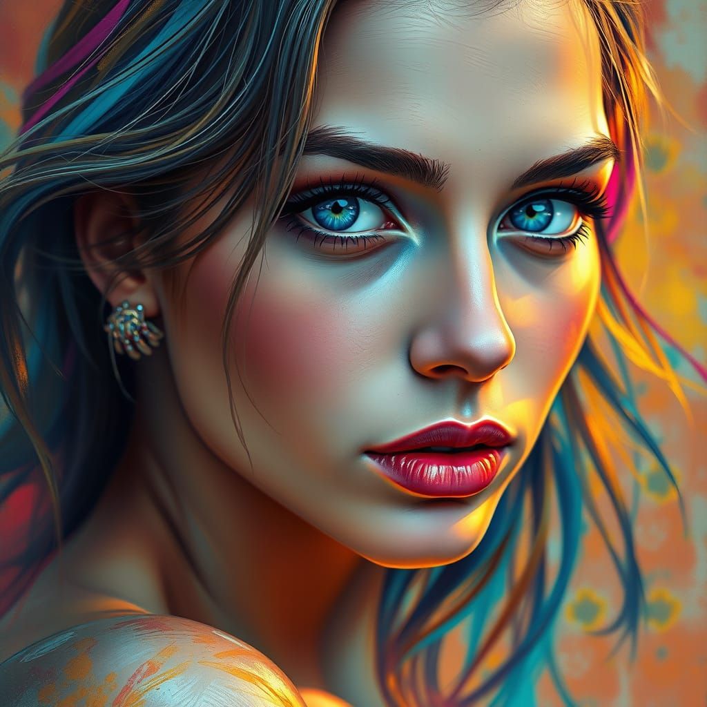 Blue-Eyed Woman Portrait in Oil Painting Style