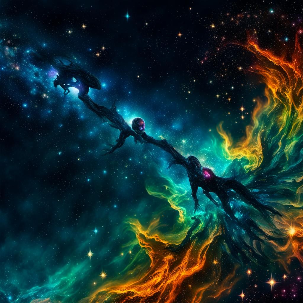 Hyperrealistic Alien in Nebula, Splash Art Style