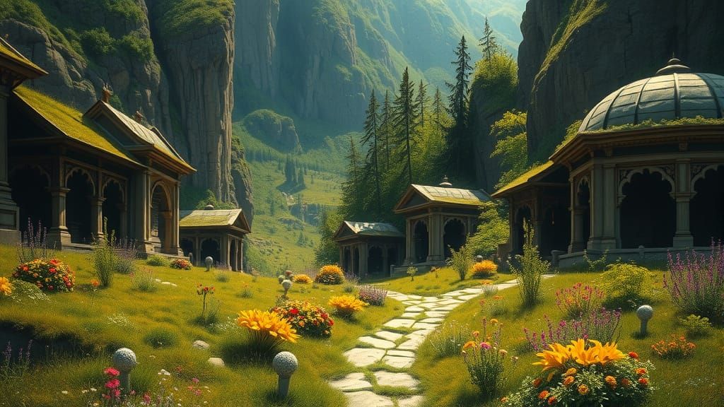 Mystical Valley Tombs in Landscape Realism Style