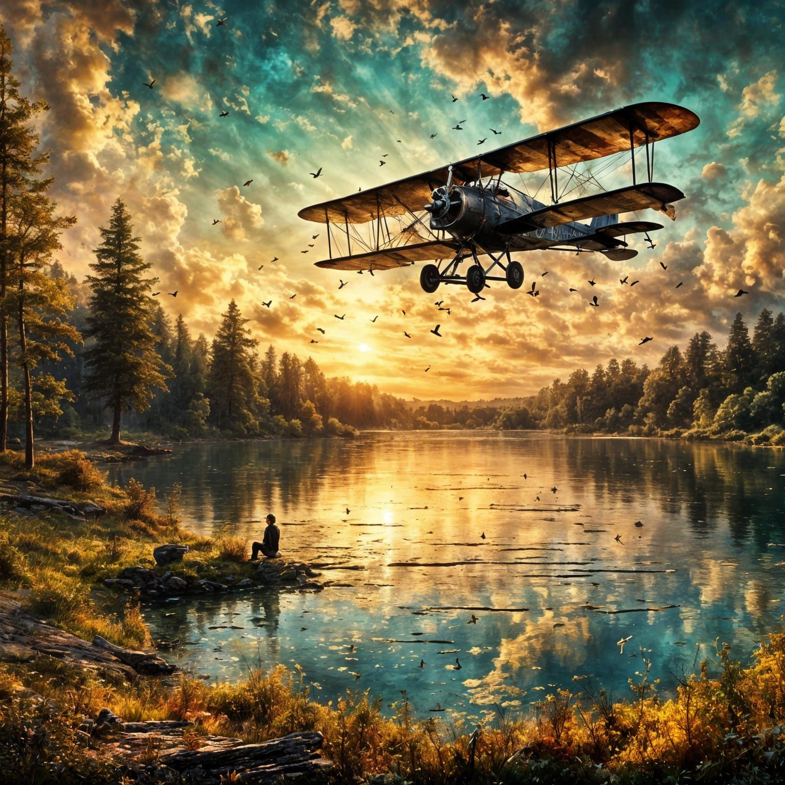 Biplane Over Lake at Golden Hour in Honeypunk Style