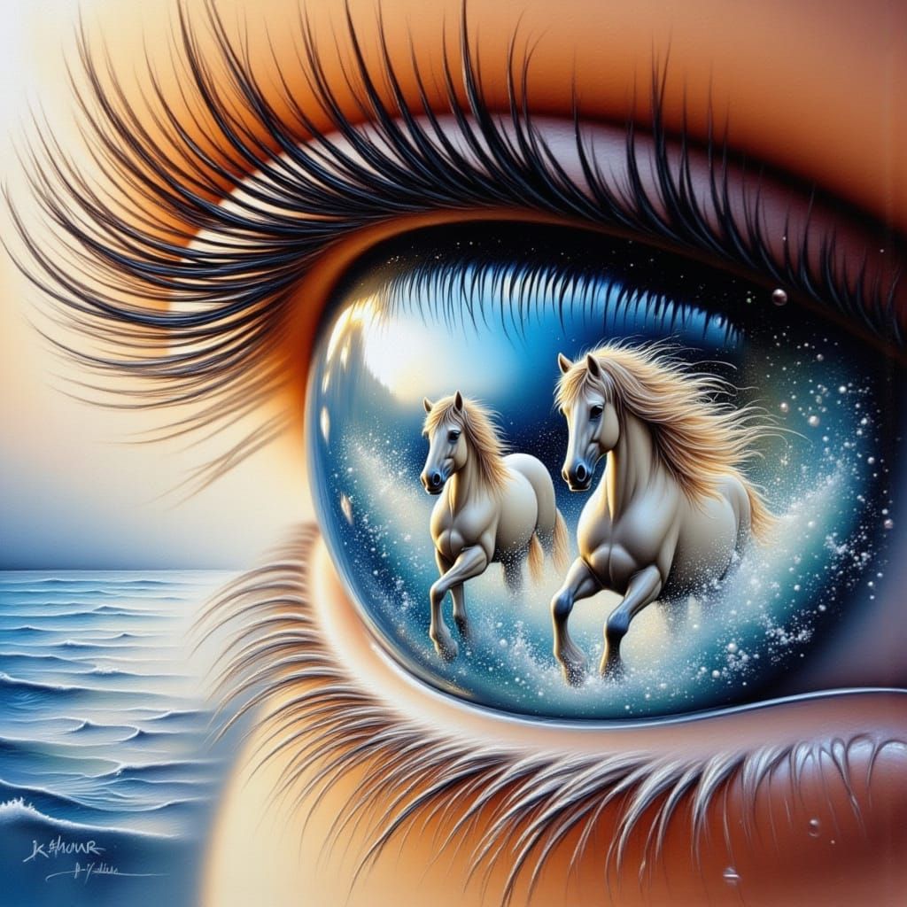 Eye Reflects Horses Galloping in Surf, Acrylic Painting