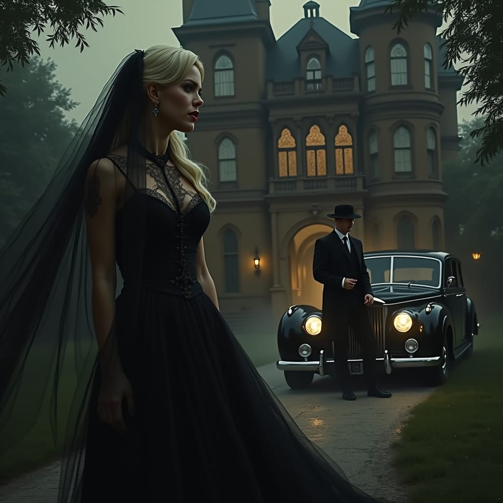 Gothic Woman at Victorian Manor in Surrealist Style