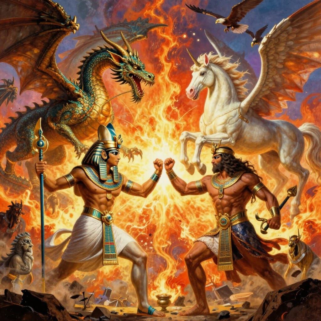 Zeus & Poseidon Clash with Egyptian Gods in Fiery Sky